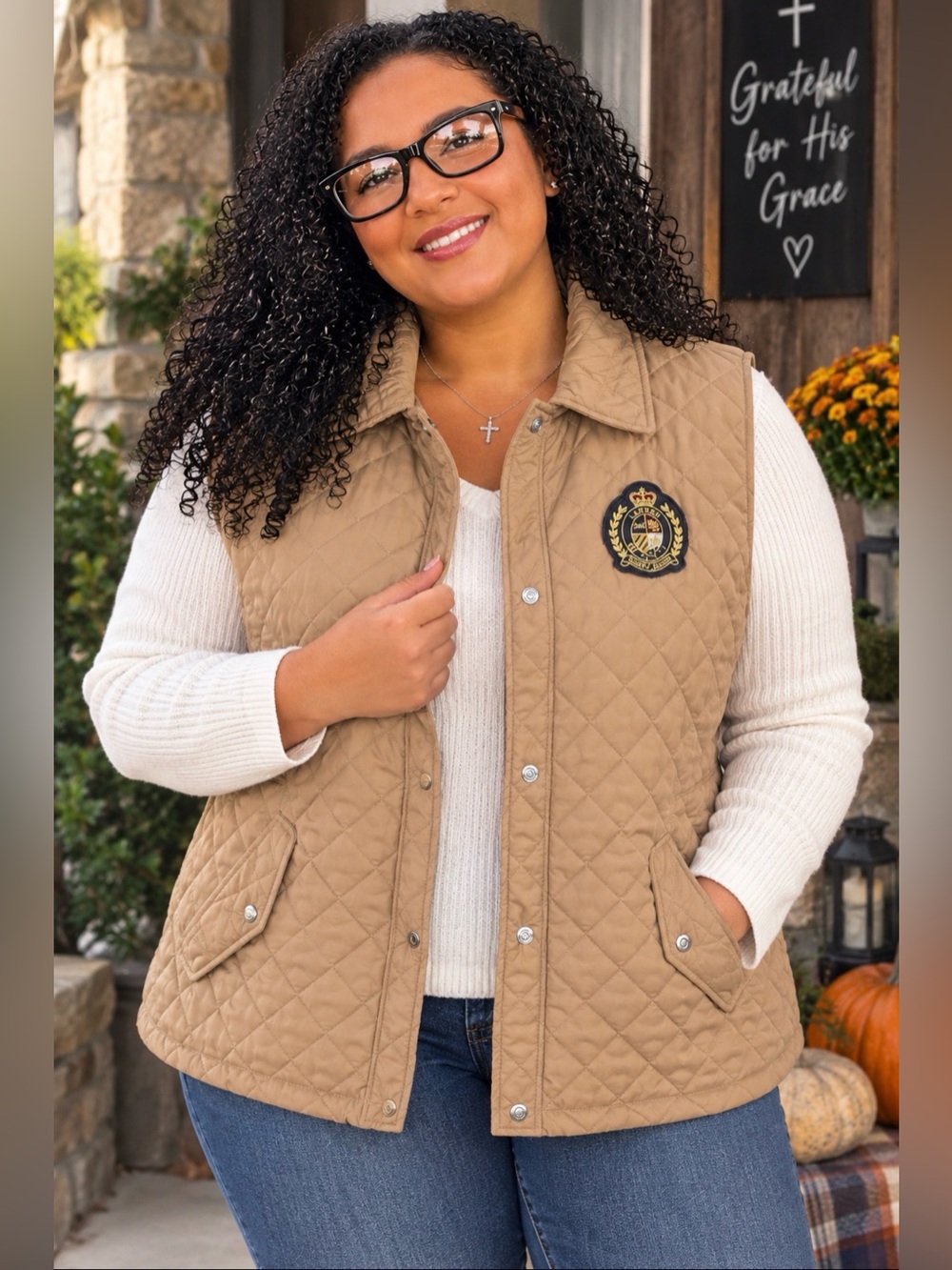 Lauren Ralph Lauren Camel Quilted Tan Crest-Embroidered Vest Sz 2x